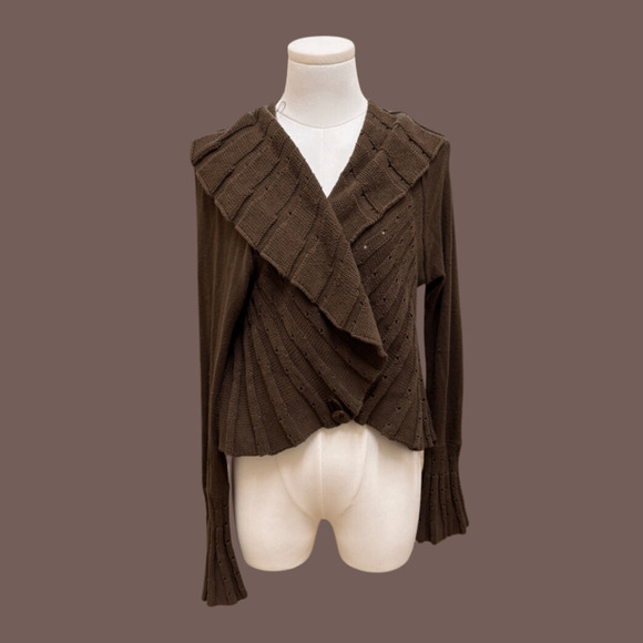 Unbranded Sweaters - Unbranded Knit Cardigan | Brown Ruffle Detail | Size L | Vintage